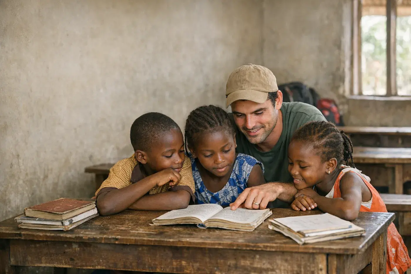 Children and mentor reading together in a Sierra Leone classroom.